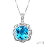 1/20 ctw Cushion Shape 10X10 MM Blue Topaz and Round Cut Diamond Semi Precious Pendant With Chain in Sterling Silver