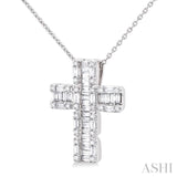 1/2 ctw Fusion Baguette and Round Cut Diamond Cross Fashion Pendant With Chain in 14K White Gold