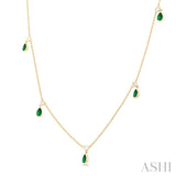 1/4 ctw Round Cut Diamonds and 5X3MM Pear Shape Emerald Precious Station Necklace in 10K Yellow Gold