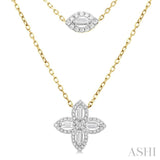 1/2 ctw Floral Baguette and Round Cut Diamond Layered Fashion Necklace in 14K Yellow Gold