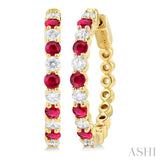 2.7 MM Round Shape Ruby and 7/8 ctw Round Cut Diamond Precious Hoop Earring in 14K Yellow Gold