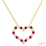 1.4 MM Round Cut Ruby and 1/8 ctw Open Heart Round Cut Diamond Precious Fashion Pendant With Chain in 14K Yellow Gold