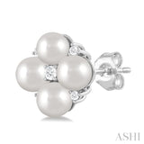 1/10 ctw Floral 4X4 MM Cultured Pearls and Round Cut Diamond Fashion Stud Earring in 10K White Gold