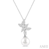 9 MM Cultured Pearl and 1/2 ctw Lovebright Round Cut Diamond Fashion Pendant With Chain in 14K White Gold