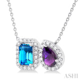 6X4 MM Emerald Cut Blue Topaz and Pear Cut Amethyst and 1/5 ctw Toi Et Moi Round Cut Diamond Halo Fashion Pendant With Chain in 14K White Gold