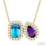 6X4 MM Emerald Cut Blue Topaz and Pear Cut Amethyst and 1/5 ctw Toi Et Moi Round Cut Diamond Halo Fashion Pendant With Chain in 14K Yellow Gold