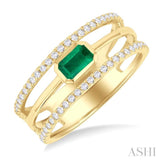 5x3 MM East- West Emerald and 1/4 ctw Single Cut Diamond Triple Split Precious Ring in 10K Yellow Gold