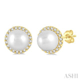 1/8 ctw Petite 5.5 MM Cultured Pearls and Round Cut Diamond Halo Fashion Stud Earring in 10K Yellow Gold