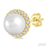 1/8 ctw Petite 5.5 MM Cultured Pearls and Round Cut Diamond Halo Fashion Stud Earring in 10K Yellow Gold