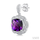 1/20 ctw Cushion Shape 8X8 MM Amethyst and Round Cut Diamond Semi Precious Earring in Sterling Silver