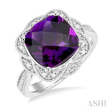 1/20 ctw Cushion Shape 10X10 MM Amethyst and Round Cut Diamond Semi Precious Ring in Sterling Silver