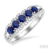 3.1 MM Round Sapphire and 1/4 ctw Baguette and Single Cut Diamond 5-Stone Precious Ring in 14K White Gold