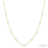 1/6 Ctw 4 MM Cultured Pearl and Round Cut Diamond Station Necklace in 14K Yellow Gold