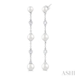 4 MM, 5 MM & 6 MM Round Shape Cultured Pearls and 1/10 ctw Round Cut Diamond Station Long Earring in 14K White Gold