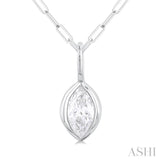 1/5 ctw Marquise Cut Bezel Set Diamond Fashion Pendant With Paperclip Chain in 14K White Gold