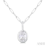 1/5 ctw Oval Cut Bezel Set Diamond Fashion Pendant With Paperclip Chain in 14K White Gold