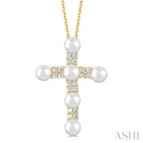 4 MM Cross Cultured Pearl and 1/5 ctw Round Cut Diamond Semi Precious Fashion Pendant With Chain in 10K Yellow Gold