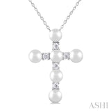 4 MM Cross Cultured Pearl and 1/6 ctw Round Cut Diamond Fashion Pendant With Chain in 10K White Gold