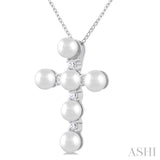 4 MM Cross Cultured Pearl and 1/6 ctw Round Cut Diamond Fashion Pendant With Chain in 10K White Gold