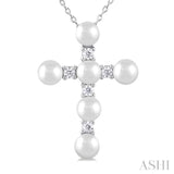 4 MM Cross Cultured Pearl and 1/6 ctw Round Cut Diamond Fashion Pendant With Chain in 10K White Gold