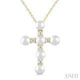 4 MM Cross Cultured Pearl and 1/6 ctw Round Cut Diamond Fashion Pendant With Chain in 10K Yellow Gold