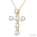 4 MM Cross Cultured Pearl and 1/6 ctw Round Cut Diamond Fashion Pendant With Chain in 10K Yellow Gold