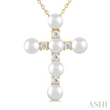 4 MM Cross Cultured Pearl and 1/6 ctw Round Cut Diamond Fashion Pendant With Chain in 10K Yellow Gold