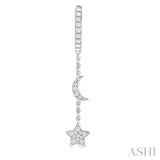 1/3 ctw Crescent Moon & Star Round Cut Diamond Chain Dangler Hoop Earring in 10K White Gold