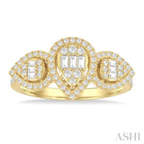 5/8 ctw Pear Shape Past, Present & Future Fusion Baguette and Round Cut Diamond Halo Engagement Ring in 14K Yellow Gold