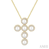 4 MM Round Shape Cultured Pearl and 1/4 ctw Round Cut Diamond Cross Pendant With Chain in 14K Yellow Gold