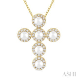 4 MM Round Shape Cultured Pearl and 1/4 ctw Round Cut Diamond Cross Pendant With Chain in 14K Yellow Gold