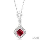 4x4 MM Cushion Shape Ruby and 1/10 ctw Round Cut Diamond Pendant in 10K White Gold with Chain