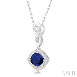 4x4 MM Cushion Shape Sapphire and 1/10 ctw Round Cut Diamond Pendant in 10K White Gold with Chain