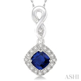 4x4 MM Cushion Shape Sapphire and 1/10 ctw Round Cut Diamond Pendant in 10K White Gold with Chain