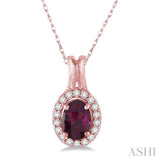 7x5 MM Oval Shape Rhodolite Garnet and 1/6 ctw Round Cut Diamond Pendant in 14K Rose Gold with Chain