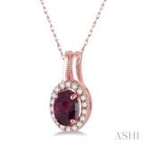 7x5 MM Oval Shape Rhodolite Garnet and 1/6 ctw Round Cut Diamond Pendant in 14K Rose Gold with Chain