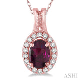 7x5 MM Oval Shape Rhodolite Garnet and 1/6 ctw Round Cut Diamond Pendant in 14K Rose Gold with Chain