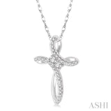 1/5 Ctw Rolled Back Cross Charm 2Stone Round Cut Diamond Pendant With Link Chain in 14K White Gold