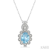 8x6 MM Floral Oval Cut Aquamarine and 1/10 ctw Round Cut Diamond Semi Precious Pendant With Chain in 10K White Gold