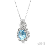 8x6 MM Floral Oval Cut Aquamarine and 1/10 ctw Round Cut Diamond Semi Precious Pendant With Chain in 10K White Gold