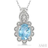 8x6 MM Floral Oval Cut Aquamarine and 1/10 ctw Round Cut Diamond Semi Precious Pendant With Chain in 10K White Gold