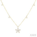 3/8 ctw Petite Floral Dangle Baguette and Round Cut Diamond Station Necklace in 10K Yellow Gold