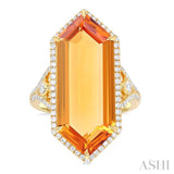 26x10 MM Hexagon Shape Citrine and 1/2 ctw Round Cut Diamond Halo Semi Precious Ring in 14K Yellow Gold