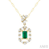 5x3 MM Emerald Cut and 1/3 ctw Baguette & Round Cut Diamond Precious Fashion Pendant With Chain in 14K Yellow Gold