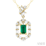 5x3 MM Emerald Cut and 1/3 ctw Baguette & Round Cut Diamond Precious Fashion Pendant With Chain in 14K Yellow Gold