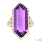 26x10 MM Hexagon Shape Amethyst and 1/2 ctw Round Cut Diamond Halo Semi Precious Ring in 14K Yellow Gold