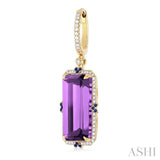 17x9 MM Emerald Cut Amethyst and .80 MM Sapphire & 1/3 Ctw Round Cut Diamond Halo Precious & Semi-Precious Earrings in 14K Yellow Gold