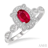 1/6 Ctw Oval Shape 6x4mm Ruby & Round Cut Diamond Precious Ring in 10K White Gold