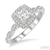 1/2 ctw Princess and Round Cut Diamond Ladies Engagement Ring with 1/3 Ct Princess Cut Center Stone in 14K White Gold