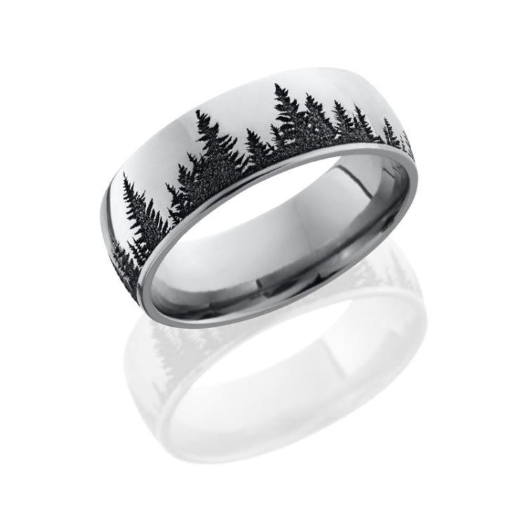 Lashbrook Cobalt Chrome 8Mm Domed Band With Laser Carved Trees Pattern Cc8D/Lcvtrees